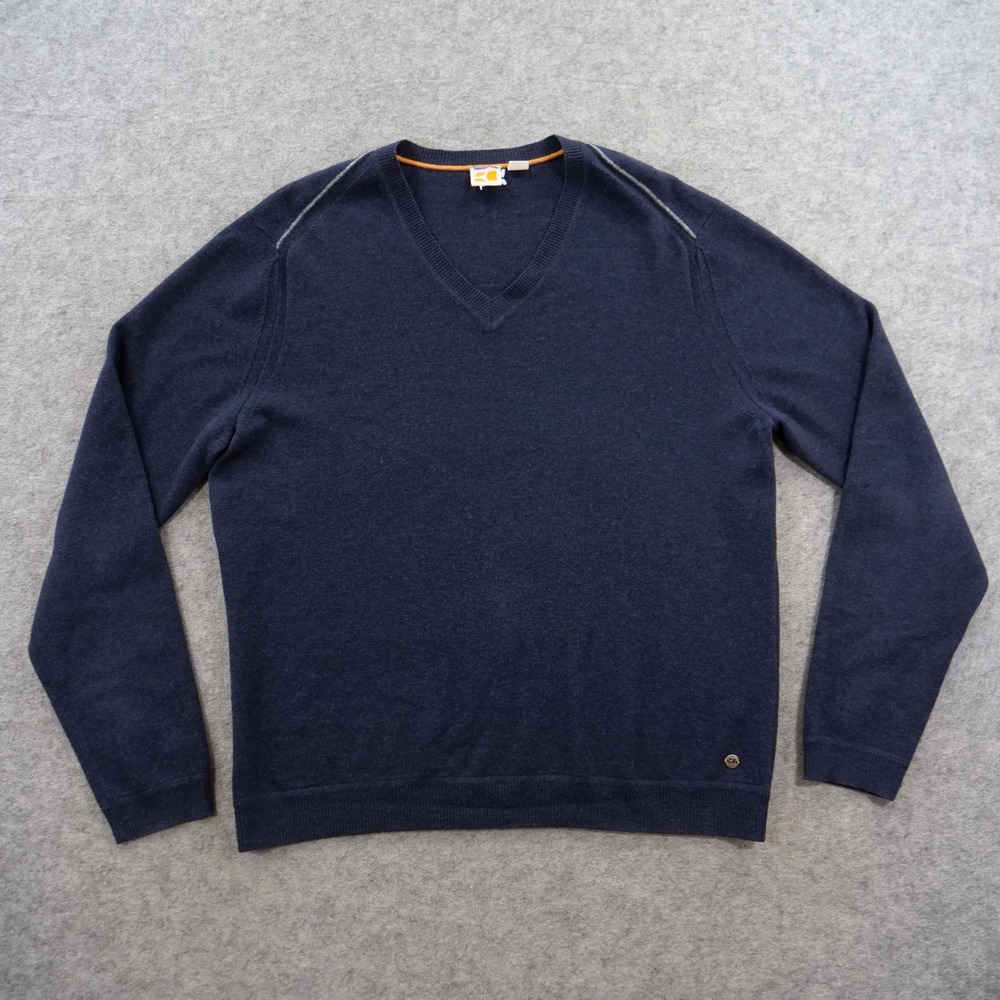 Hugo Boss Orange Sweater Mens Large Blue Virgin Wool V Neck Long Sleeve Pullover